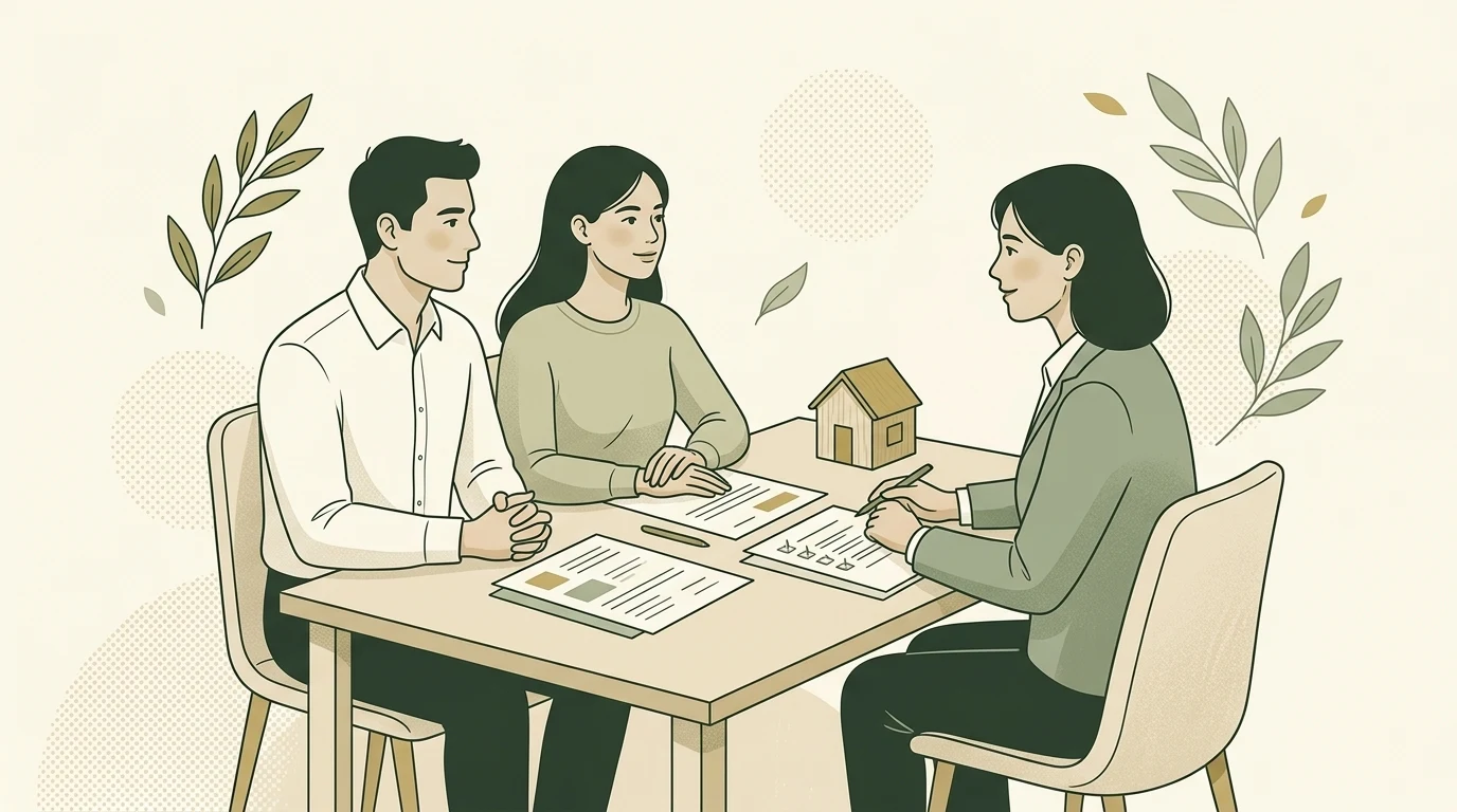 은행 상담 창구에서 30대 부부가 전세대출 비교 서류와 체크리스트를 두고 행원과 상담하는 클록가든 초록과 크림 화풍의 일러스트.