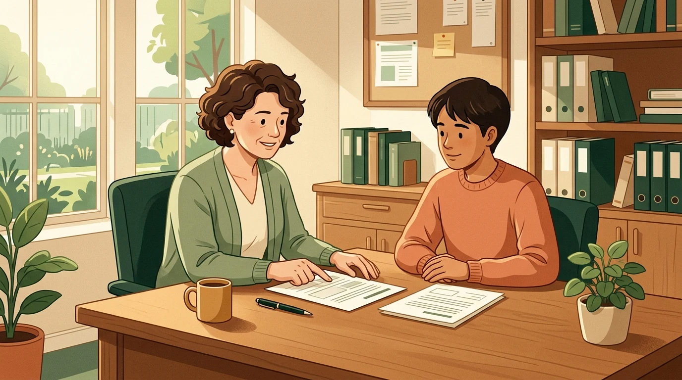 따뜻한 햇살이 비치는 상담실에서 법률 상담관과 청소년이 마주 앉아 부모채무 대물림 방지 지원 서류를 함께 짚어가며 꼼꼼히 확인하는 일러스트