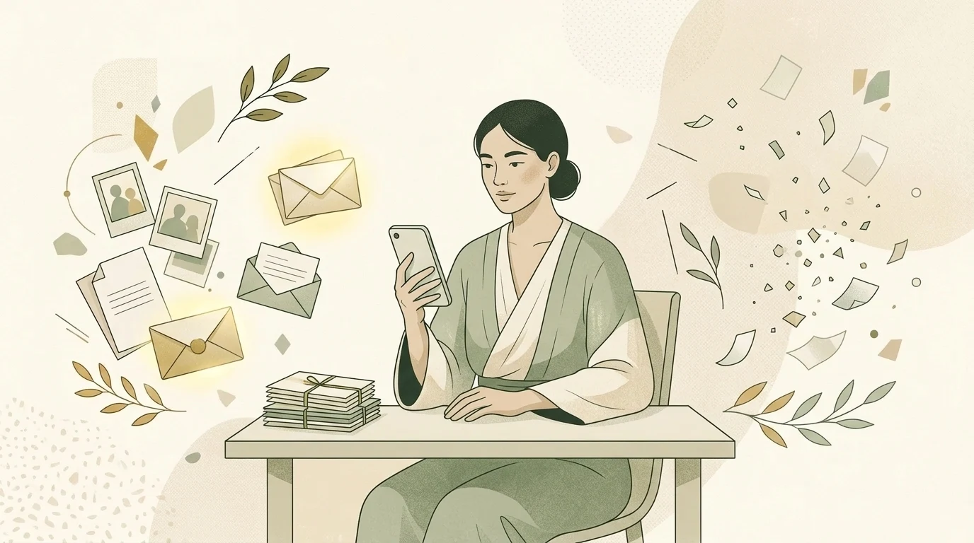 단정한 인물이 스마트폰을 바라보는 가운데 소중한 사진과 편지는 따뜻한 빛 속에 안전하게 보존되고, 불필요한 캐시 조각들은 가볍게 흩날려 정리되는 모습을 표현한 초록과 크림 톤의 일러스트.